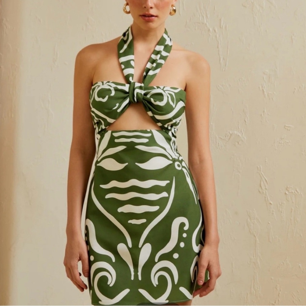 Commense Print Green and White Halter Dress Small